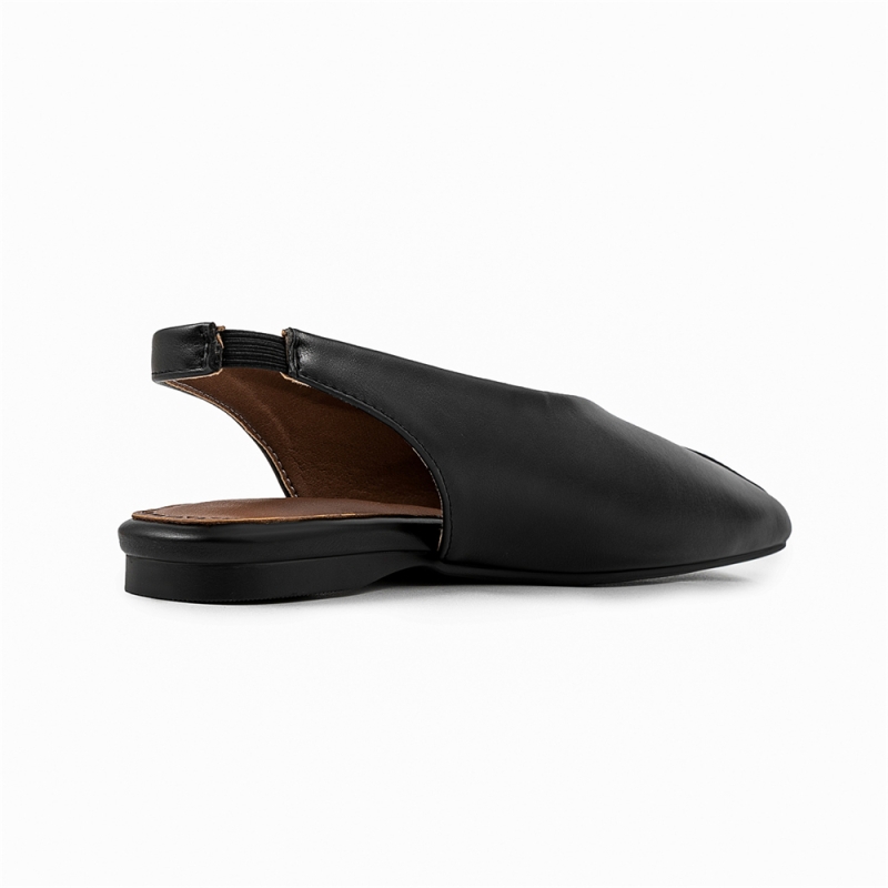 Black Leather V-cut Slingback Flats Comfy Square Toe Wide Flat Shoes | Size 4