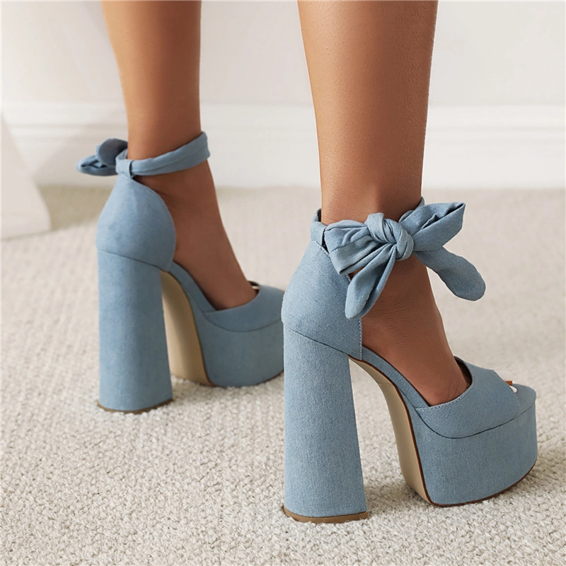 Blue Denim Jeans Peep Toe Lace Up High Heels Ankle Boots Sandals Shoes