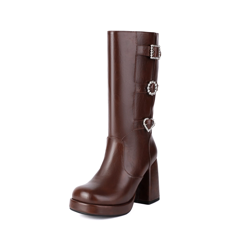 Heart Buckles Mid-calf Moto Boots Platform Chunky Heel Boots | Up2Step