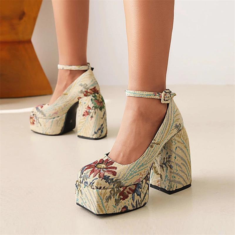 Multi-Color Platform Mary Janes Heels Chunky Heeled Ankle Strap Shoes For  Women