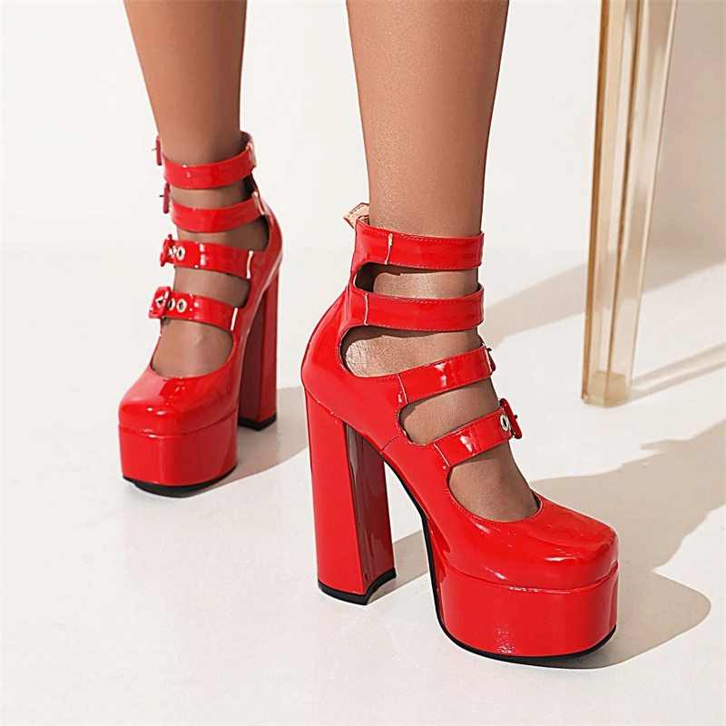 Red Multi-Strap Platform Mary Janes Chunky Heels Almond Toe Buckle Dress  Shoes