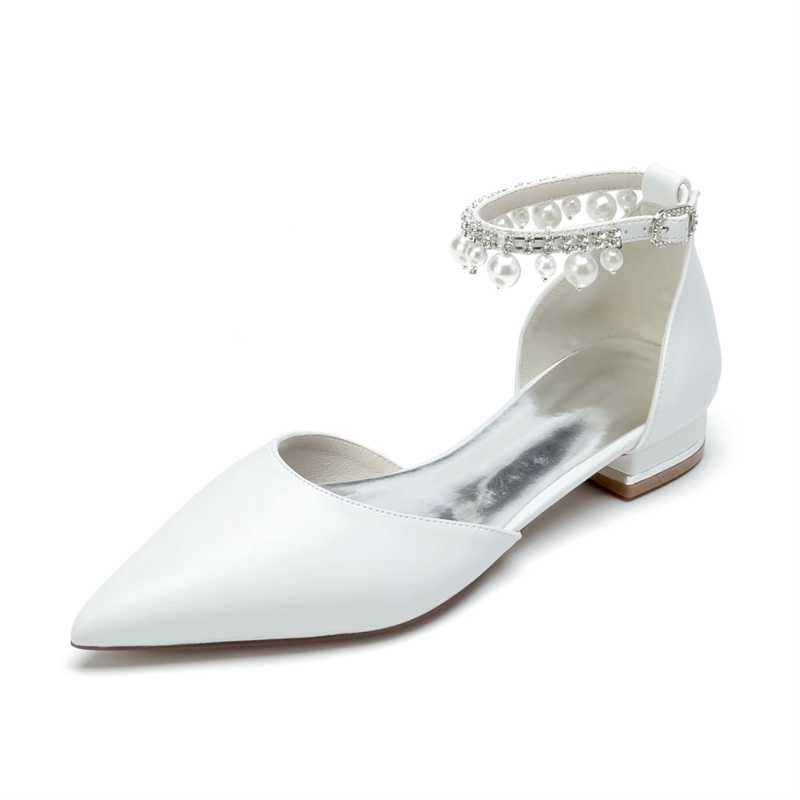 Rose Gold Low Wedding Dress Shoes Kitten Heel Sparkly Shoes White Satin  Pointed Toe Pearl Ankle Strap Wedding Flat Shoes Size