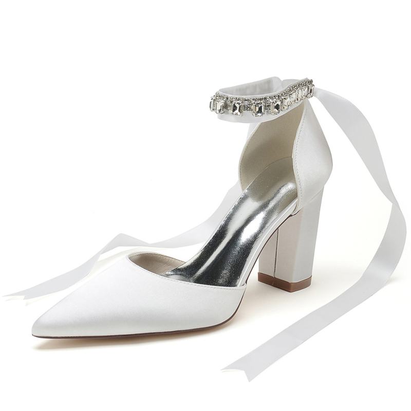 Chunky Heeled White Wedding Shoes Women