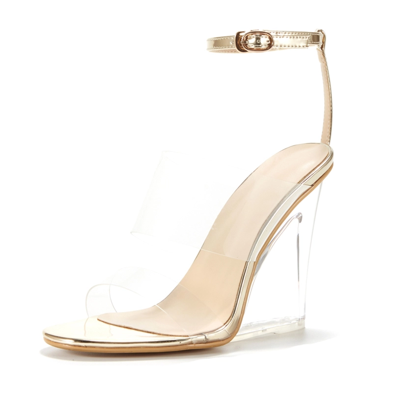 Elegant Silver Square Toe Sandal Women'S Ankle Strap Glass Heels