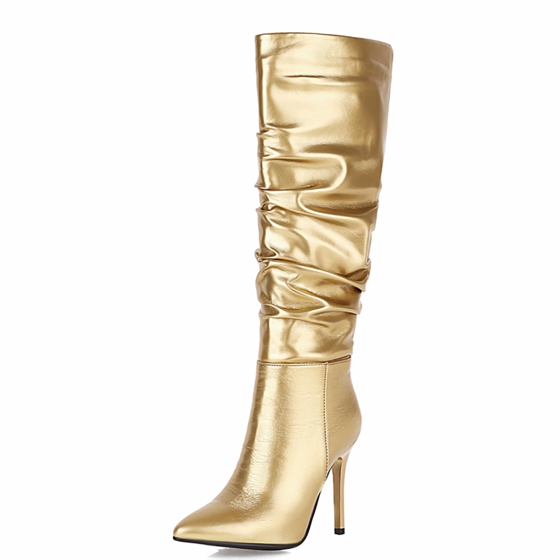 Women's Golden Metallic Party Stiletto Heel Knee High Slouch Boots | Size 10