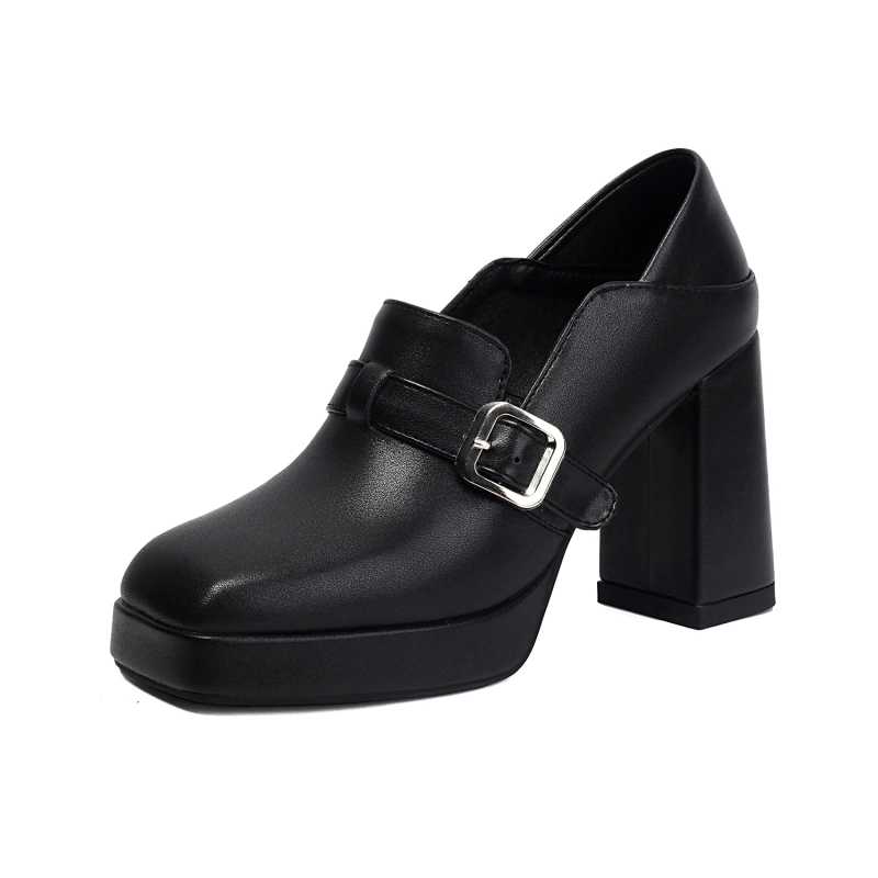 Black Platform Square Toe Buckle Chunky Heels Retro Loafer Shoes | Size 8 Black Platform Square Toe Buckle Chunky Heels Retro Loafer Shoes | Size 8