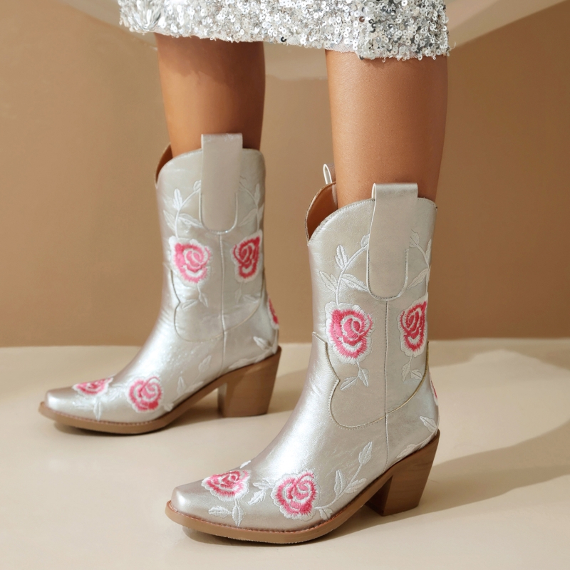 Women's Floral Embroidery Western Cowboy Boots Block Heel Mid Calf