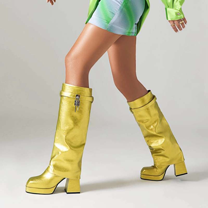 Fold Over Block Heel Knee High Boots Square Toe Platform Boots