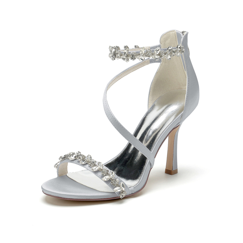 Silver Satin Rhinestone Open Toe Stiletto Heel Wedding Sandals