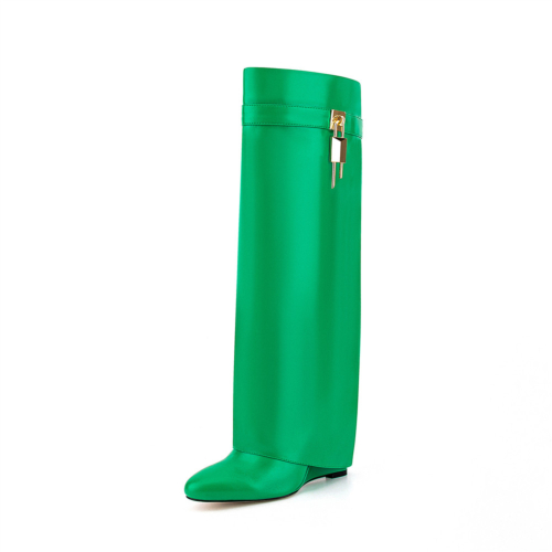 Green Almond Toe Fold Over Wedge Boots Lock Zip Knee High Boots