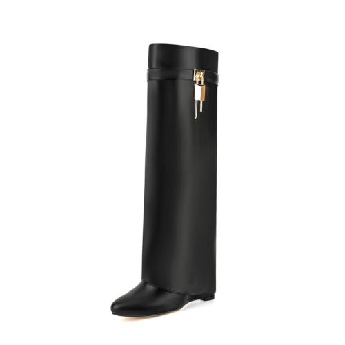 Almond Toe Fold Over Wedge Boots Lock Zip Knee High Boots