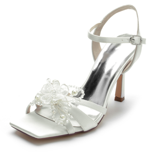Beads and Lace Flowers Open Toe Stiletto Ankle Strap Sandals for Party