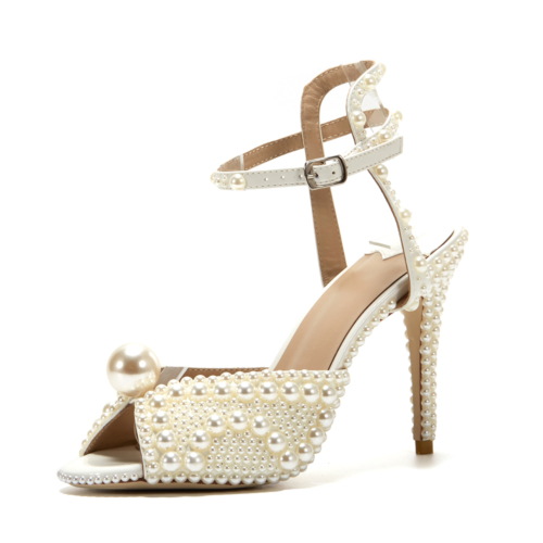 Beige Pearl Wedding Sandals Vintage Peep Toe Ankle Strap Stiletto Bridal Heels