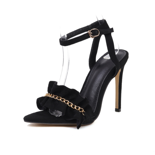 Black Chain Strappy Stiletto Sandals Ruffle Ankle Strap Buckle Shoes