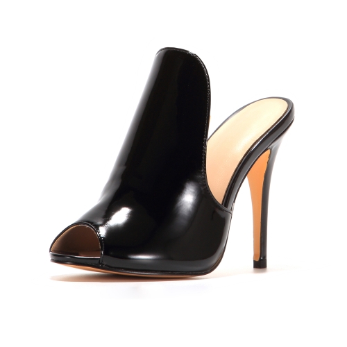 Black Peep Toe High Heel Mule Patent Leather Heeled Sandals