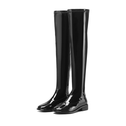 Black Round Toe Flat Boots Comfortable Patent Leather Thigh High Boots Flats