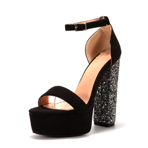 Black Sequin Chunky Platform Sandals Sparkly Glitter Heeled Party Shoes
