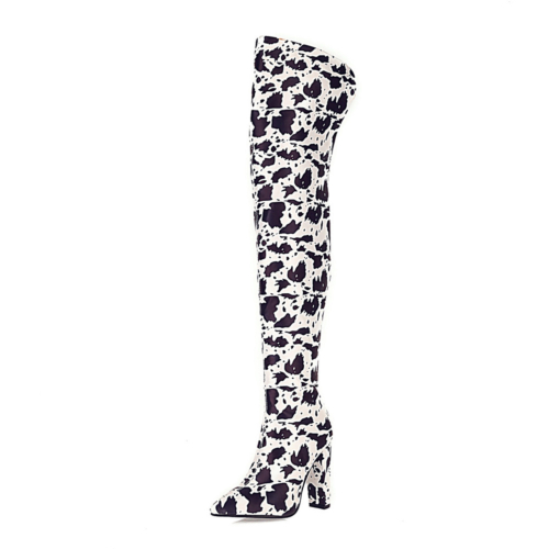 Block Heel Cow Printed High Boots Pointed Toe Thigh High Boots Shoes