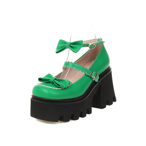 Bow Platform Mary Jane Shoes Chunky Heels Three Strap Buckle Pumps
