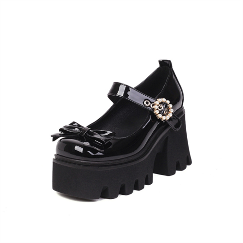 Black Patent Leather Bow Platform Mary Janes Chunky Heel Square Toe Pearl Buckle Y2K Pump