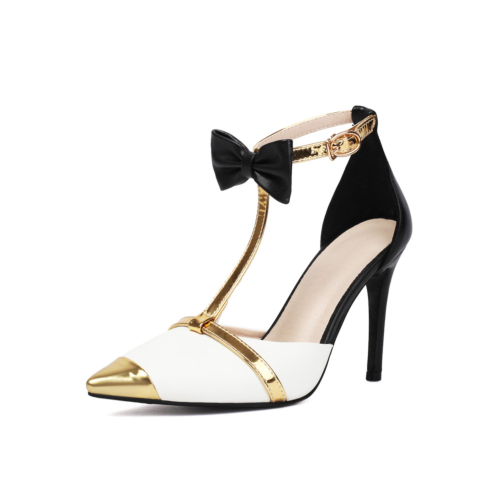 Black&White Bow Stiletto Heels T-Strap D'orsay Pumps Dance Shoes