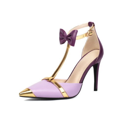 Purple Bow Stiletto Heels T-Strap D'orsay Color Block Pumps Dance Shoes