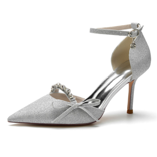 Silver Bridal Glitter D'orsay Pumps Heels Rhinestone Bow Sequin Stiletto Shoes
