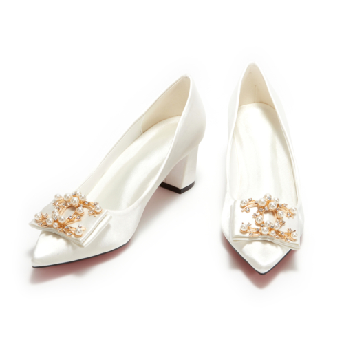 Satin Bow Pearl Pump Heels Block Heel Pumps Bridal Wedding Shoes For Women