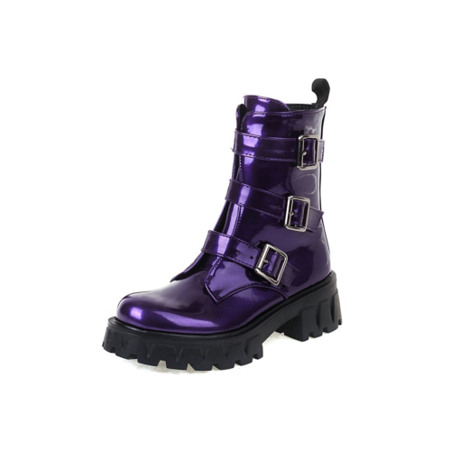 Purple Patent Buckle Ankle Boots Platform Chunky Heel Women's Gothic Combat Boots