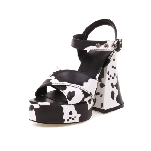 Cow Print Chunky Heel Platform Sandals Ankle Strap Buckle Party Sandals