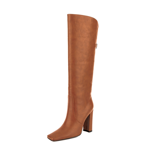 Classic Brown Square Toe Tall Boots Chunky Heel Knee High Boots