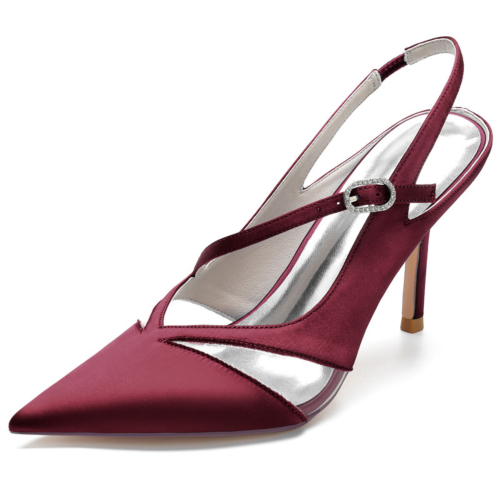 Burgundy Clear Satin Slingbacks Heels Closed Toe Cross Strap Bridal Shoes