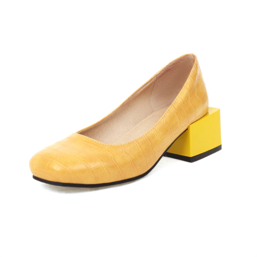 Yellow Comfy Low Block Heels Pumps Snkae Effect Square Toe Shoes