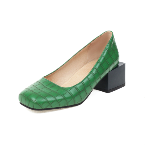 Green Comfy Low Block Heels Pumps Snkae Effect Square Toe Shoes