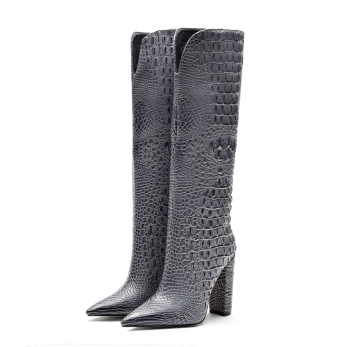 Grey Croc Embossed Pointed Toe Chunky Heel Knee High Boots