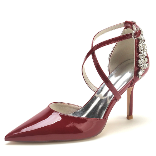 Burgundy Cross Strap Back Jewelled Embellished D'orsay Pumps Shoes Office Heels