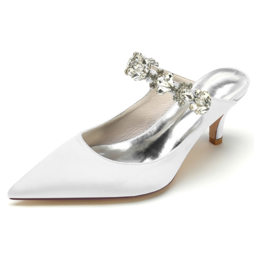 Crystal Strap Mule Shoes Satin Bridal Dress Pumps Low Heels