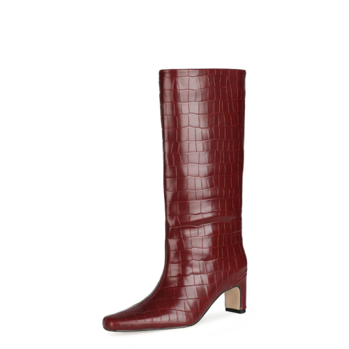 Fall Croc Print Wide Calf Tall Booties Square Toe Low Heel Knee High Boots for Women