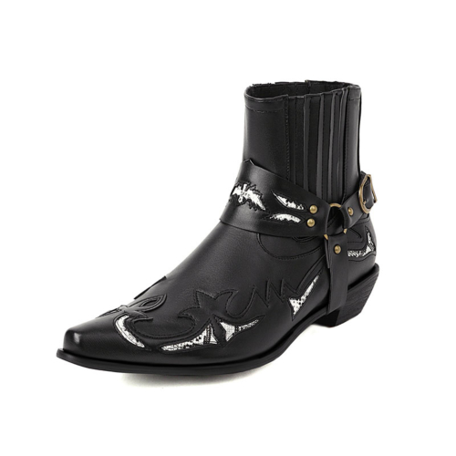 Black Heeled Cowboy Boots Western Snake Prints Buckle Ankle Booties