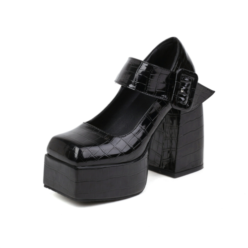 Black Chunky Platform Mary Janes Croc Prints Buckle Heels For Women