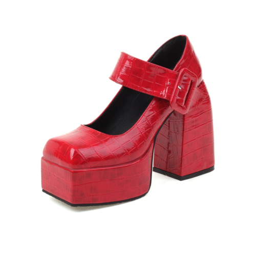 Red Chunky Platform Mary Janes Croc Prints Buckle Heels For Women