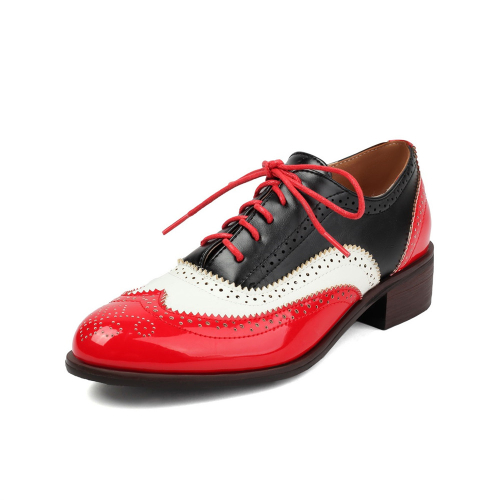 Black&Red Lace Up Wintip Oxford Loafers Flats Women's Comfort Shoes