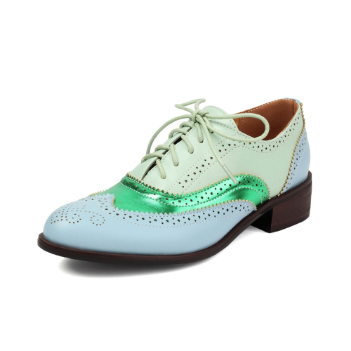 Green&Blue Lace Up Wintip Oxford Loafers Flats Women's Comfort Shoes