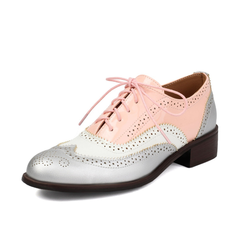 Pink&Silver Lace Up Wintip Oxford Loafers Flats Women's Comfort Shoes
