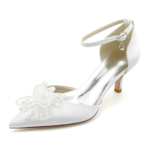 Flower Satin D'orsay Pumps Ankle Strap Low Heels For Date