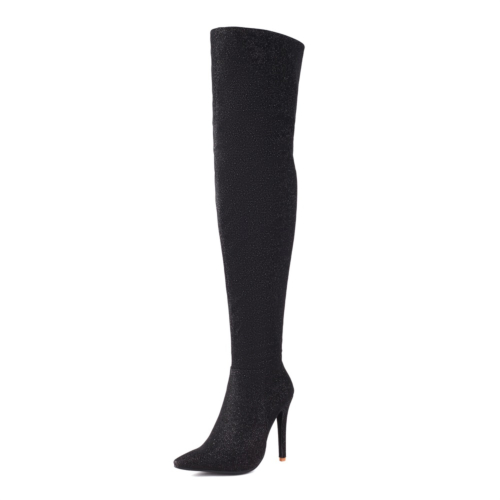 Black Glitter Pointed Toe Stiletto Heel Fashion Thigh High Boots