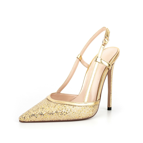 Golden Glitter Slingbacks Pumps Pointed Toe Stiletto High Heels