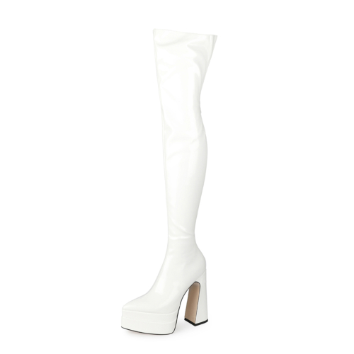 White Chunky Heel Platform Over The Knee Boots Back Zipper Long Booties
