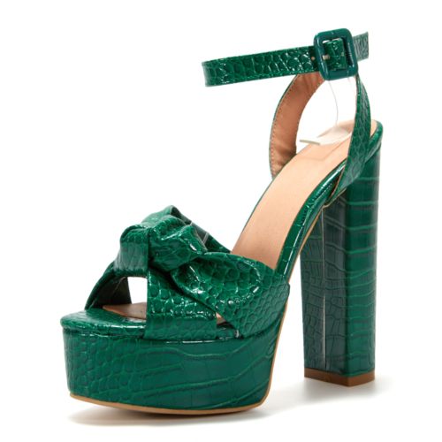 Green Snake Print Knotted Heel Sandals Platform Block Heel Party Sandals