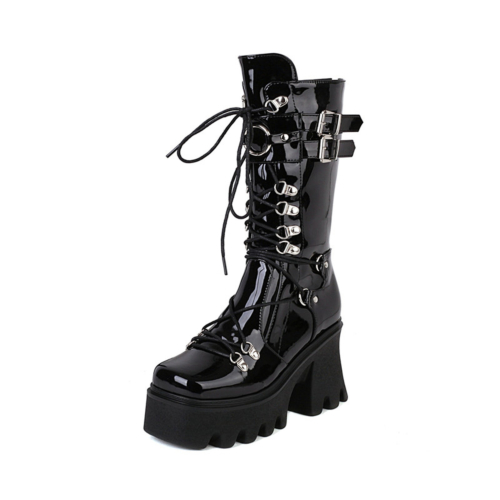 Patent Leather Gothic Lace Up Square Toe Platform Chunky Combat Boots with Buckle